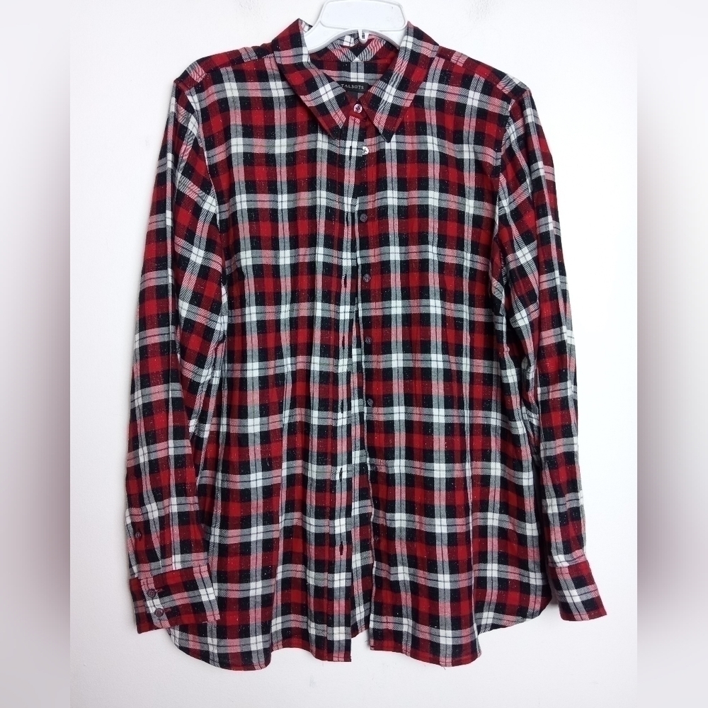 Talbots Black, White & Red Plaid Metallic Cotton Button Down Blouse size Large